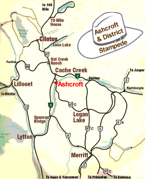 A Map Showing the Ashcroft Stampede which is a BCRA Rodeo in Ashcroft, BC, Canada